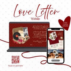May include: A digital Love Letter website template displayed on a laptop and smartphone screen. The design features a dark red background with heart patterns, photos, a teddy bear, a vinyl record, and text that reads Love Letter and Fully Canva editable.