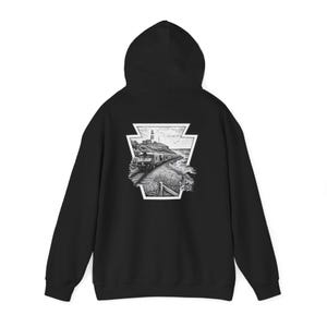 Montauk Lighthouse Train Illustration Hoodie | Scenic Beach Track Graphic | Keystone Collection