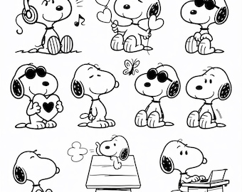 Niedliches Snoopy Hunde-Svg Bundle | Beagle-Stil Welpen PNG SVG | Kawaii Hund Line Art | Lustige Welpen Posen | Cricut Silhouette-Dateien