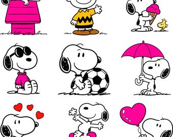 Süßer Snoopy Hund Clipart Bundle, klassischer Comic-Welpe PNG, Retro Kinder Charakter Grafik, Geburtstagsparty Snoopy Illustrationen