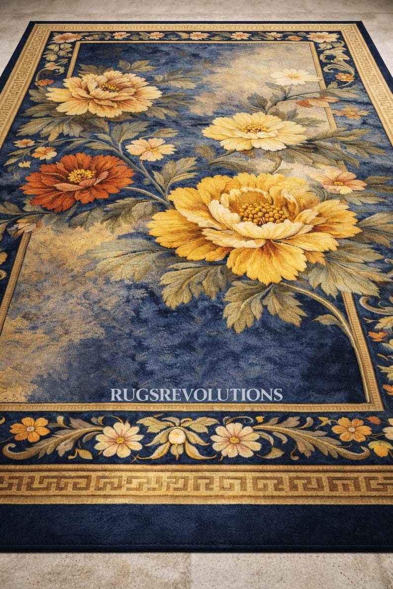 Royal Palace Blue Floral Hand-tufted Rug – Luxury Gold Peony Area Rug ...
