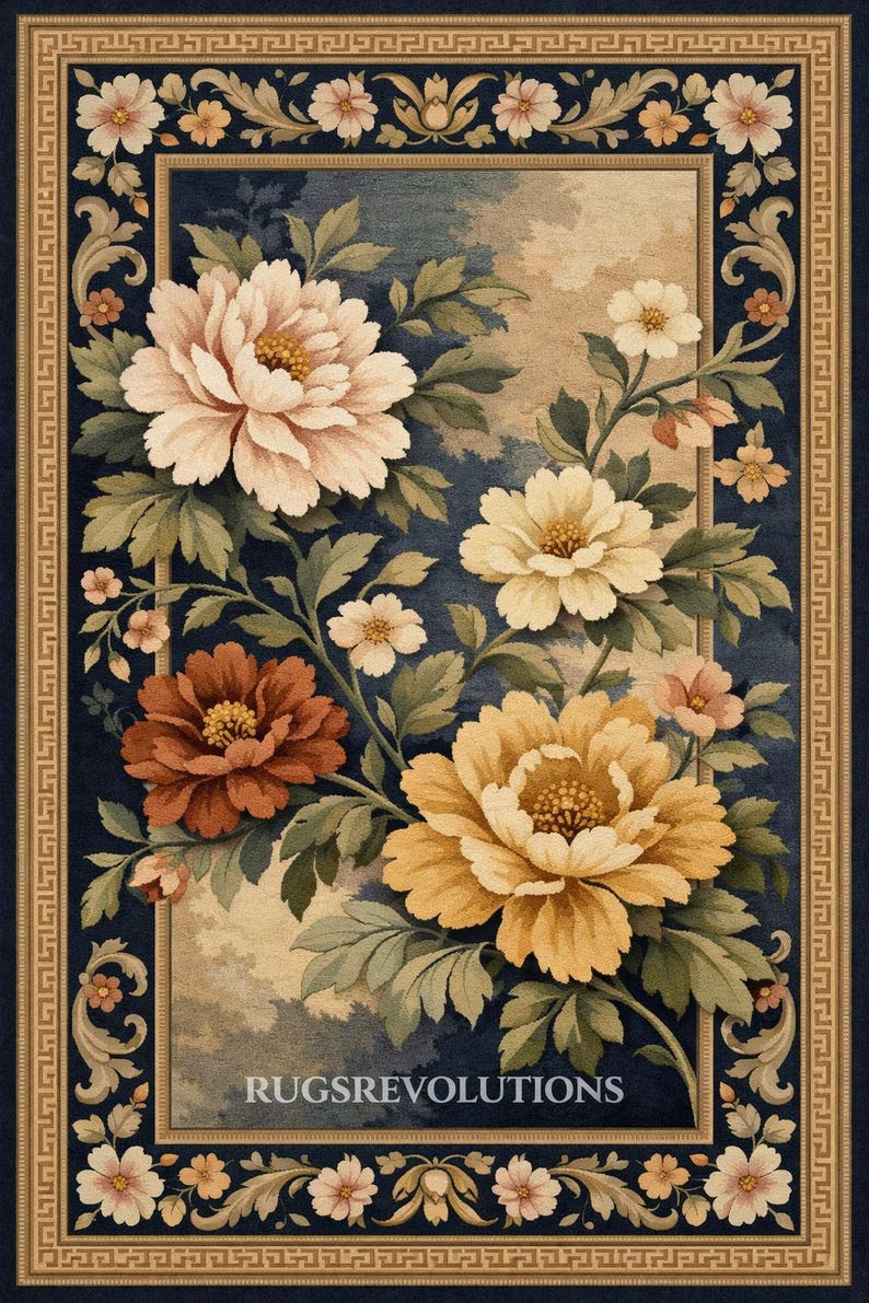 Royal Palace Blue Floral Hand-tufted Rug – Luxury Gold Peony Area Rug ...
