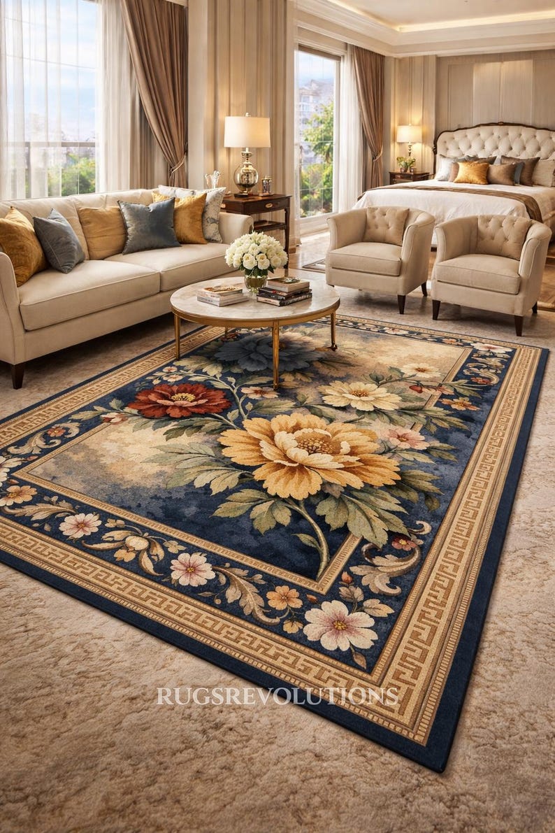 Royal Palace Blue Floral Hand-tufted Rug – Luxury Gold Peony Area Rug ...