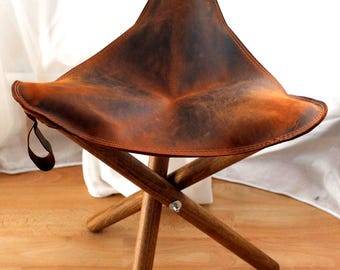 Handmade Leather Tripod Stool, Rustic Wooden Folding Chair, Boho Cafe Seating