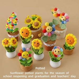 Op de afbeelding: Een verzameling handgemaakte gehaakte zonnebloem potplanten. De zonnebloemen hebben lachende gezichten en zijn in verschillende kleuren. De potten zijn in verschillende stijlen, waaronder witte keramiek en geweven manden. De tekst op de afbeelding luidt "Potted" en "Sunflower potted plants..."