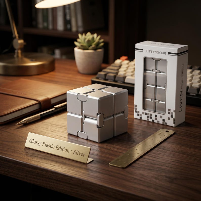 May include: A silver Infinity Cube, a fidget toy, sits on a wooden desk next to its packaging. The packaging reads "INFINITY CUBE" and "LIVEN". A brass ruler and a sign that reads "Glossy Plastic Edition: Silver" are also on the desk.