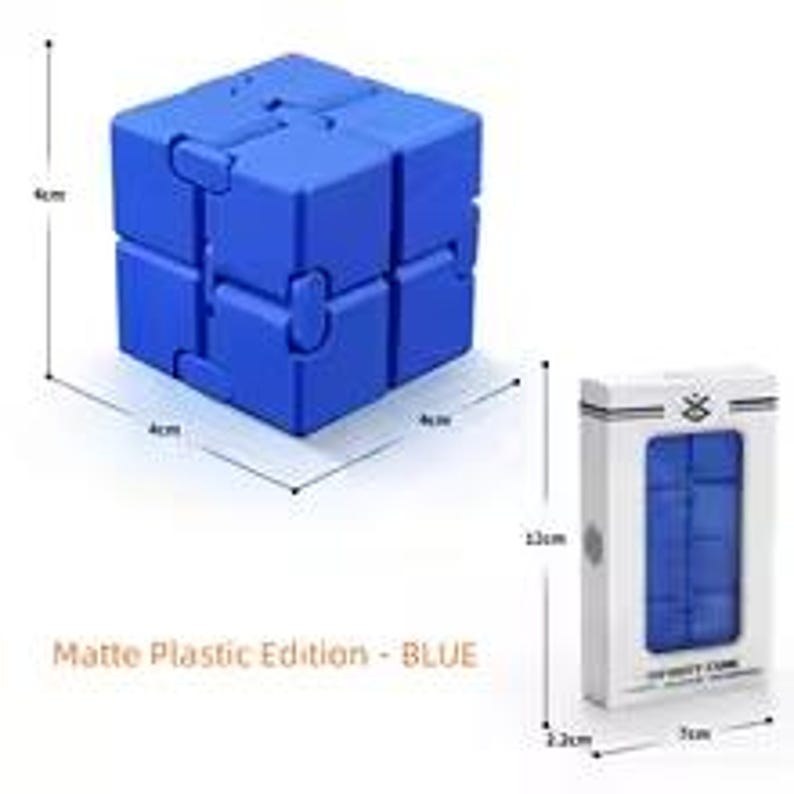 May include: A blue matte plastic infinity cube, measuring 4cm x 4cm x 4cm when open, is displayed next to its packaging. The packaging is a white box with the words "INFINITY CUBE" and the cube's dimensions: 7cm x 2.2cm x 13cm. The text "Matte Plastic Edition - BLUE" is also visible.
