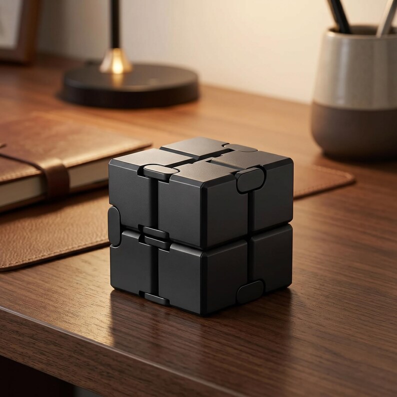 May include: A black fidget cube sits on a wooden desk. The cube is composed of several connected blocks that can be manipulated. The background includes a leather-bound notebook, a lamp, and a ceramic mug with pencils.