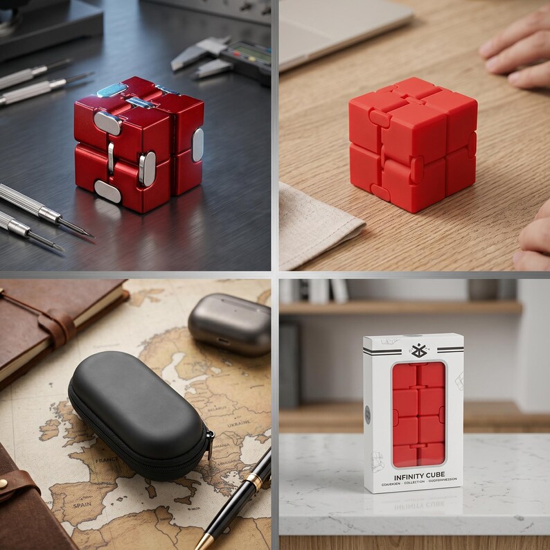 May include: A red and silver infinity cube sits on a desk. The cube is made of several connected blocks that can be manipulated. The cube is also shown in its packaging, which is white with black text. Other items in the image include a notebook, pen, and tools.