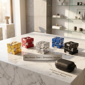 May include: A collection of fidget cubes in gold, burgundy, silver, blue, and black. Each cube is 4x4x4cm and has a silver accent. A black storage pouch is also included. The text on the sign reads "Alloy Version: Silver | Dimensions: 4x4x4cm".