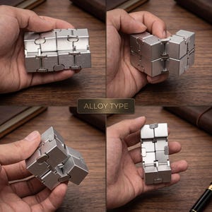 May include: A silver-colored fidget toy, shown in multiple configurations. The toy is made of metal and has a modular design, allowing it to be manipulated into various shapes. The text "ALLOY TYPE" is displayed on a rectangular label.