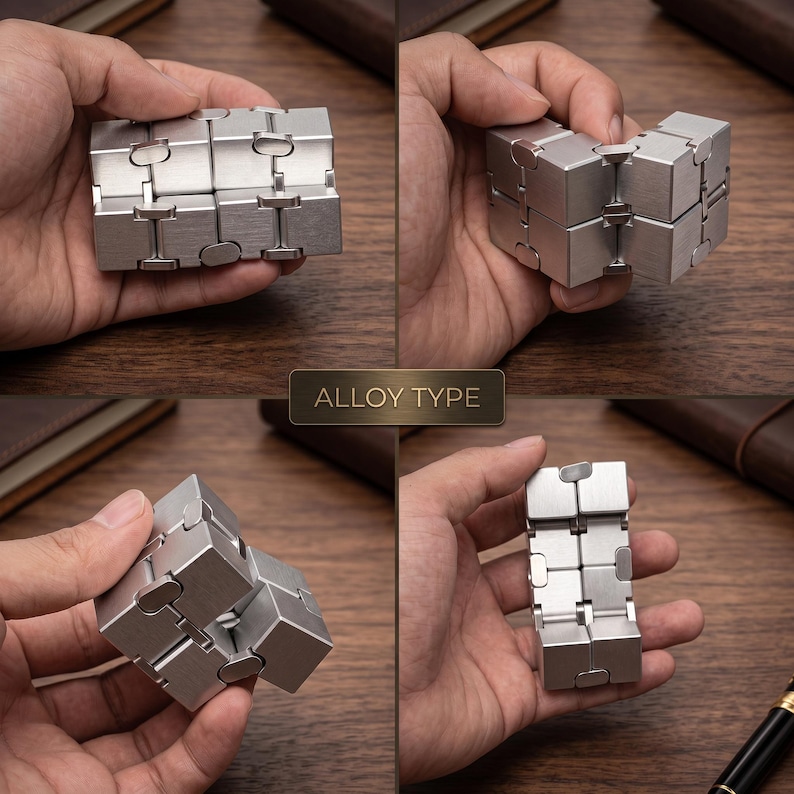 May include: A silver-colored fidget toy, shown in multiple configurations. The toy is made of metal and has a modular design, allowing it to be manipulated into various shapes. The text "ALLOY TYPE" is displayed on a rectangular label.