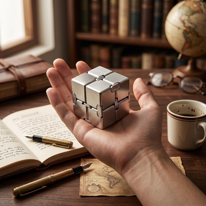 May include: A silver metal infinity cube held in a hand. The cube is composed of eight smaller cubes connected by hinges. The background includes a desk with a book, pens, a coffee mug, and a globe.