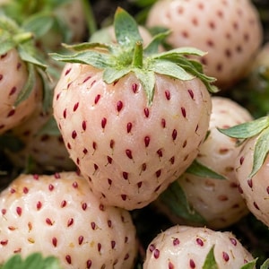 Puede incluir: Primer plano de varias fresas blancas con semillas rojas. Las fresas tienen copas verdes y están agrupadas. Las bayas tienen un tono rosa pálido y son ligeramente brillantes.