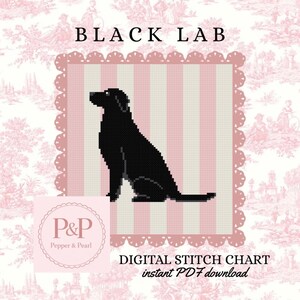 May include: A digital cross stitch pattern featuring a black Labrador retriever silhouette centered on a light pink and white vertical striped background, framed by a scalloped border. Text includes BLACK LAB and DIGITAL STITCH CHART.