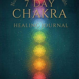 以下が含まれることがあります： 「7 DAY CHAKRA HEALING JOURNAL」というタイトルの、ターコイズ色の本の表紙。表紙には、7つのチャクラがそれぞれ異なる色で描かれたカラフルなイラストがあり、下部には著者の名前「By Khazee」が記載されています。
