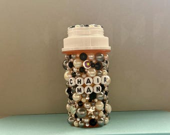 Bedazzled Pill Bottle | Rhinestone Medicine Case, "Chairman" Design