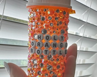 Bedazzled pillenflesje | Medicijnetui met strassteentjes, heilige oranje fles