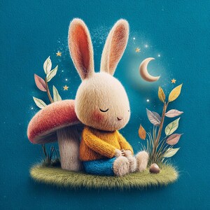 Peut inclure: Illustration fantaisiste d'un lapin en pull jaune et pantalon bleu, assis sur de l'herbe. Un champignon rouge et des feuilles colorées sont à proximité, avec une lune et des étoiles en arrière-plan. L'œuvre a un aspect doux et texturé.