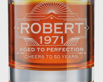 Personalized Name & Year Whiskey Glass Aged to Perfection, Custom Engraved Old Fashioned Glass, Gift for Dad, Birthday Gift for Him
