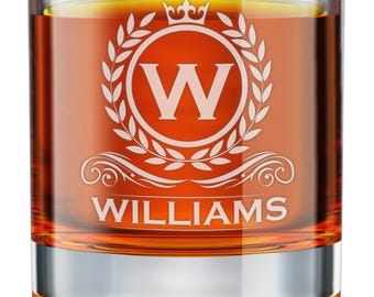 Personalized Whiskey Glass Engraved Monogram, Custom Bourbon Rocks Glass Gift for Men, Groomsmen Gift, Cocktail Scotch Glass 11oz