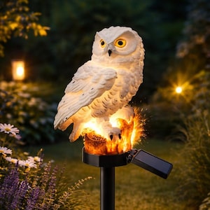 May include: A white owl garden statue with yellow eyes, perched atop a faux wood base. The solar-powered light illuminates the owl and base, creating a warm glow. The statue is mounted on a black pole, perfect for outdoor decor.