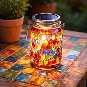 Lanterna solare a mosaico con barattolo Mason, luce da giardino esterna sospesa, decorazione impermeabile per terrazza, patio e balcone.