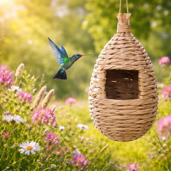 Nid d’oiseau tissé à la main – Maison d’oiseau suspendue en fibres naturelles – Décoration jardin bohème – Abri extérieur oiseaux