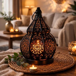 Lanterna decorativa marocchina in metallo | Portacandele orientale | Decorazione boho chic per casa, patio e centrotavola etnico