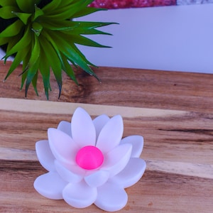 May include: A white lotus flower ornament featuring smooth, rounded petals arranged in layers around a vibrant, solid hot pink circular centre. The object is crafted with a matte finish and displays a symmetrical, multi-petaled floral design.