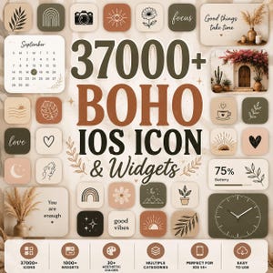 Peut inclure: Graphique numérique présentant des icônes et widgets iOS sur le thème Boho. La conception comprend des icônes botaniques, célestes et géométriques dans une palette de couleurs neutres. Le texte comprend "37000+ Boho iOS Icon & Widgets", un calendrier "Septembre", et d'autres phrases.