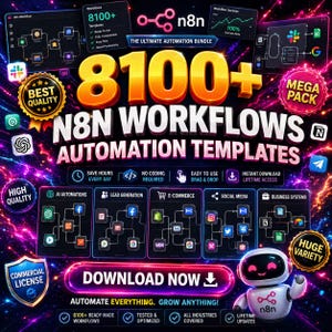以下が含まれることがあります： n8n Workflowsの広告で、「8100+ オートメーションテンプレート」というテキストが表示されています。画像は、AI、eコマース、ソーシャルメディアなど、さまざまな自動化カテゴリを表すさまざまなアイコンとグラフィックを備えた暗い背景を持っています。ロボットのマスコットも存在します。