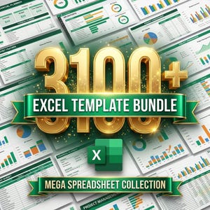 以下が含まれることがあります： Excelテンプレートバンドルのプロモーション画像。画像には、緑色のバナーに「EXCEL TEMPLATE BUNDLE」と書かれた上に、「3100+」と書かれた金色の数字が表示されています。スプレッドシートとExcelのロゴが背景にあります。下のバナーには「MEGA SPREADSHEET COLLECTION」と書かれています。