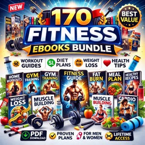 Può includere: Immagine promozionale per un pacchetto di ebook di fitness. L'immagine presenta il testo "170 FITNESS EBOOKS BUNDLE" con varie copertine di libri che mostrano guide di allenamento, piani dietetici e programmi di perdita di peso. Sono inclusi anche manubri, accessori per il fitness e il testo "FOR MEN & WOMEN".
