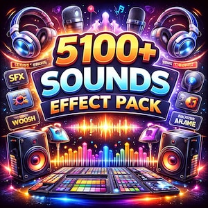 May include: A vibrant digital graphic promoting a sound effect pack. The image features headphones, microphones, speakers, and a mixing board. Text reads "5100+ SOUNDS EFFECT PACK" in bold, colorful lettering. The design incorporates dynamic visual elements.