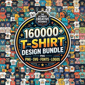 May include: A vibrant graphic showcasing numerous t-shirt designs with diverse illustrations and text. A central circular graphic advertises a "16000+ T-Shirt Design Bundle" with PNG, SVG, fonts, and logos. The image displays a wide range of styles and themes.