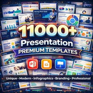 May include: A promotional image showcasing over 11,000 presentation templates. The design features a central banner with the text "11000+ Presentation Premium Templates." Surrounding the banner are various presentation slides and icons. The bottom of the image reads "Unique Modern Infographics Branding Professional."