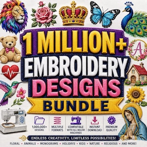 Puede incluir: Un gráfico digital para un paquete de más de 1 millón de diseños de bordado con iconos bordados de león, rosa, corona, mariposa, pavo real, oso de peluche, corazón, colibrí, casa, girasol y figura religiosa, con un icono de máquina de coser.