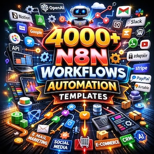 以下が含まれることがあります： 「4000+ N8N Workflows Automation Templates」を宣伝する鮮やかなグラフィック。画像には、ロボット、グラフを表示するラップトップ、Google、Slack、PayPalなどのさまざまなアプリのアイコンが表示されています。デザインは明るい色とテクノロジーに焦点を当てたテーマを取り入れています。