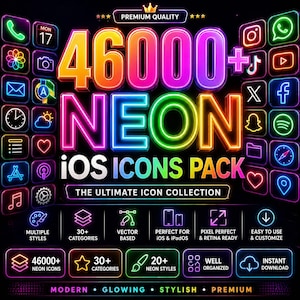 Könnte beinhalten: Eine lebendige Grafik, die ein iOS-Icon-Paket bewirbt. Das Design zeigt den Text "46000+ NEON iOS ICONS PACK" in leuchtenden Neonfarben, umgeben von verschiedenen App-Symbolen. Zusätzlicher Text hebt Funktionen wie mehrere Stile hervor.