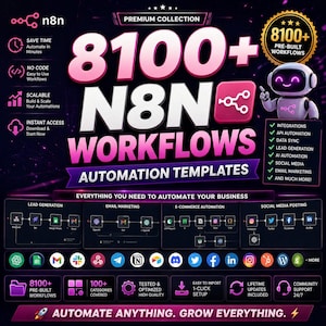 Könnte beinhalten: Werbegrafik für n8n-Workflows mit dem Text "8100+ N8N Workflows" in Rosa und Weiß. Das Bild zeigt Automatisierungsvorlagen, Integrationen und Tools zur Geschäftsautomatisierung. Enthält Symbole für Social-Media-Plattformen und andere Anwendungen.