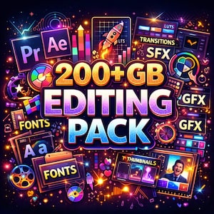 Pakiet do edycji wideo 200+ GB, elementy All in One Creator, Plr Mrr, Ultimate, LUT, SFX, przejścia, Premiere Pro, efekty, DaVinci Gdrive