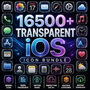 Peut inclure: Visuel numérique présentant un ensemble d'icônes iOS transparentes. L'image affiche le texte "16500+ TRANSPARENT iOS ICON BUNDLE." Diverses icônes d'applications sont disposées autour du texte, avec des indications telles que "Vector Based" et "Instant Download."