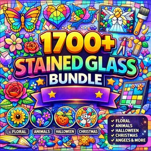 Puede incluir: Gráfico vibrante que promociona un paquete de vidrieras. La imagen presenta diseños coloridos de vidrieras de una mariposa, flores y un ángel. El texto dice "1700+ STAINED GLASS BUNDLE" con categorías que incluyen Floral, Animales, Halloween, Navidad y Ángeles.
