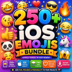 Può includere: Una grafica digitale che presenta il testo 250+ iOS EMOJIS BUNDLE in grandi lettere 3D colorate. Lo sfondo è un vibrante gradiente blu riempito con vari emoji gialli, tra cui un panda, un unicorno e un cuore, oltre a piccole stelle gialle.