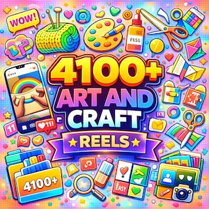Puede incluir: Un gráfico colorido que promociona reels de arte y artesanía, con un teléfono que muestra un arcoíris, lana, una paleta de pintura, tijeras y el texto "4100+ ART AND CRAFT REELS". También se incluyen varios iconos relacionados con la artesanía y la palabra "WOW!".