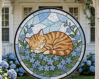 Sleeping Cat Glass Suncatcher,Sleeping Tabby Art,Gift for Cat Lovers