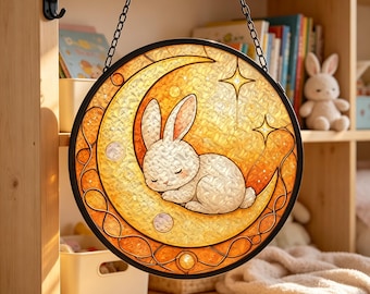 Schlafender Hase auf Mond-Sonnenfänger, Himmlische Hasen-Dekoration, Ästhetisches Geschenk für sie