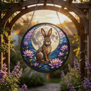May include: A circular stained glass suncatcher featuring a brown rabbit sitting on a log in front of a full moon. The design is surrounded by blue water patterns and purple lotus flowers, all enclosed in a black frame hanging by a metal chain.