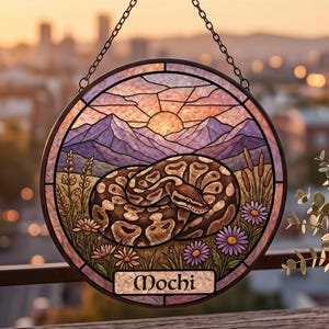 May include: A circular stained glass suncatcher featuring a coiled brown patterned snake in a grassy field with purple flowers and cattails. The background shows purple mountains under a sunset sky. A rectangular plaque at the bottom reads Mochi.